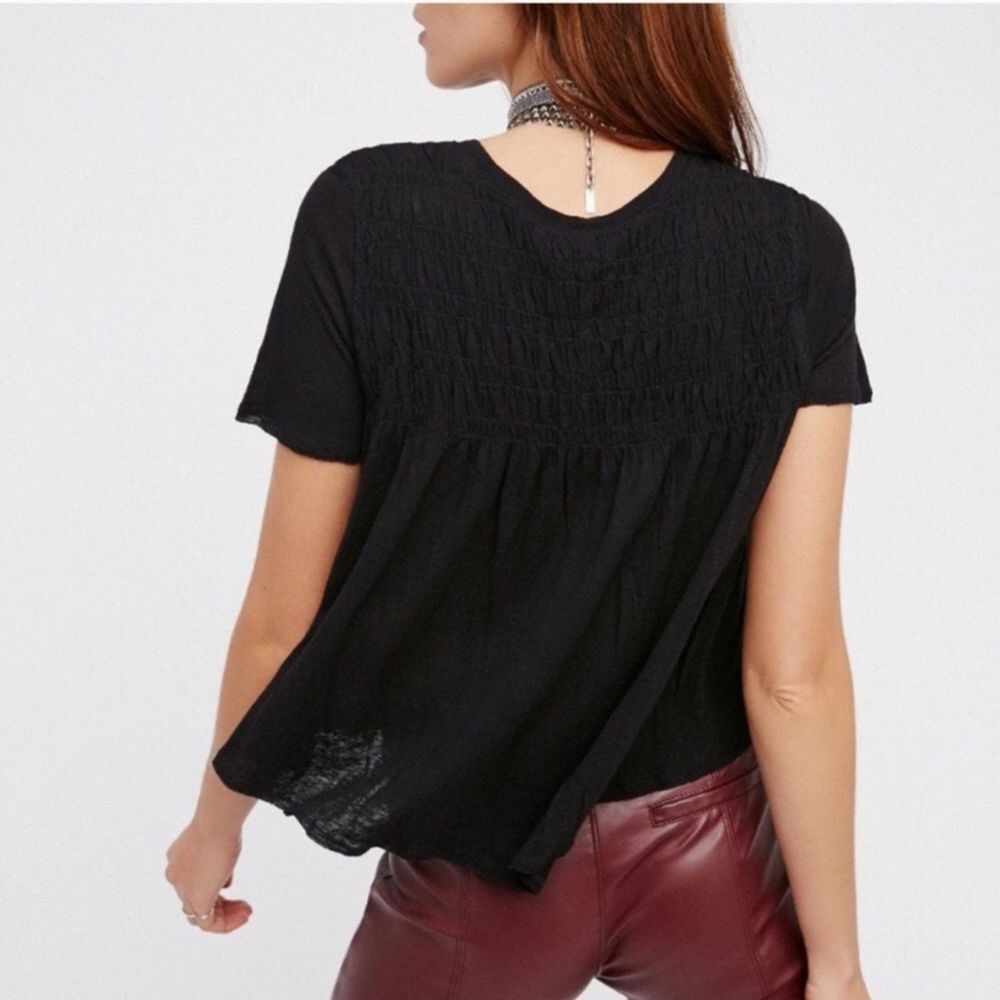 Free People Smocked Raw Edge Black T-shirt